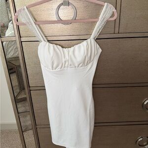 Privy White Ruched Lace-Trim Bustier Mini Dress
